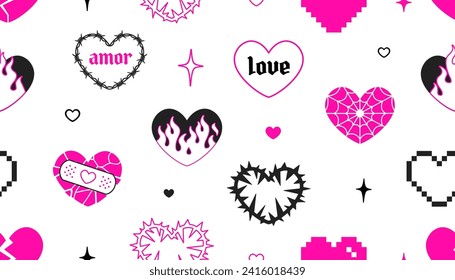 Pink Gothic hearts in 2000s style seamless pattern. Emo goth tattoo flamed hearts on white background. Chain hearts and barbed wire hearts vector decor elements for print fabric and textile design