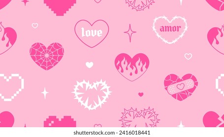 Pink Gothic hearts in 2000s style seamless pattern. Emo goth tattoo flamed hearts on pink background. Chain hearts and barbed wire hearts vector decor elements for print fabric and textile design