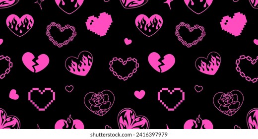 Pink Gothic hearts in 2000s style seamless pattern. Emo goth tattoo flamed hearts on black background. Chain hearts and barbed wire hearts vector decor elements for print fabric and textile design