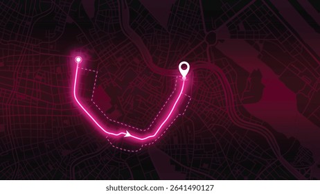 Pink GPS Route on Vienna map at Night — Navigation and Location Concept