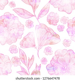 Pink Graceful Flowers Seamless Pattern. Vector