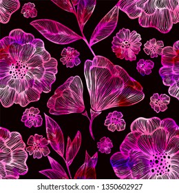Pink Graceful Flowers Seamless Pattern. Vector