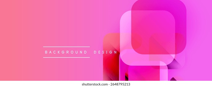 Pink gradient background features overlapping squares. Text reads background design. Modern, vibrant visual presentation.