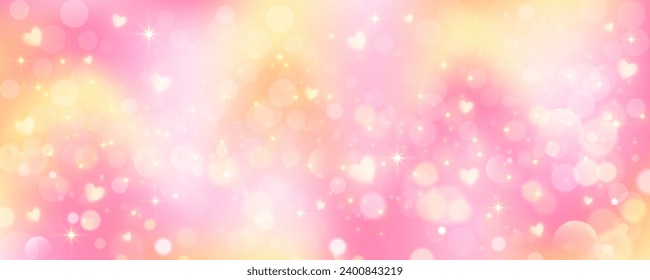 Pink gradient background. Orange and yellow mesh pastel backdrop. Peach warm blurry sky with heart stars and bokeh. Liquid fluid texture.