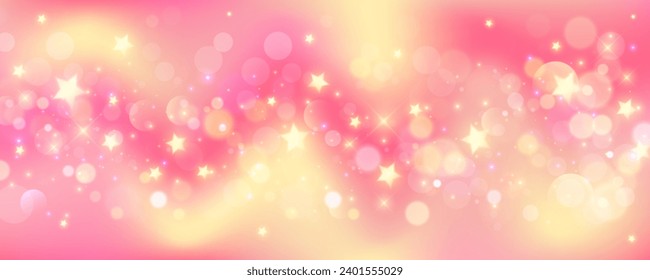 Pink gradient background. Orange and yellow mesh pastel backdrop. Peach warm blurry sky with stars and bokeh. Liquid fluid texture.