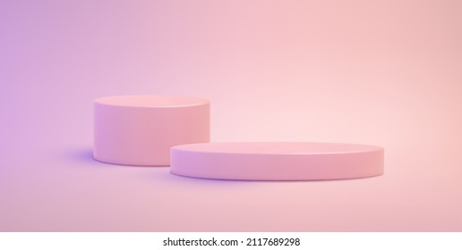 Pink gradient background with realistic 3d podiums. Minimal soft scene with standing cylindrical pedestal in pink light. Modern presentation, sale, display of products. Vector illustration