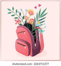 Pink gradient backpack with different spring flowers and leaves inside. Spring square card with flowers. Cute pink card about school and student love. Postcard by March 8 for girls and women