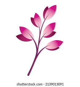 Pink gradient branch with leaves simple botanical vector illustration isolated on white. Floral design element for print, background, banner or card.