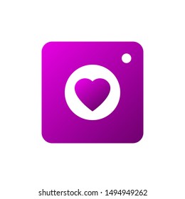 Pink gradient camera lens. Pink gradient heart shape inside the camera lens. Vector social communication illustration isolated on white background.
