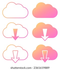 Pink gradient clouds download. Set of icons. Vector clouds with arrows. Upload buttons