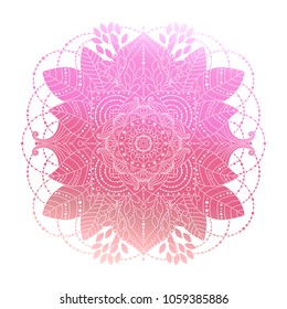 Pink gradient coloring mandala, vibrant floral ornament in boho style, asian arabesque art, isolated element, vector illustration.