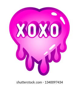 Pink gradient dripping heart with “Xoxo” text isolated on white background. Minimalistic design. Vector illustration. Love symbol. Cartoon, comic style patch.