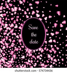 Pink gradient hearts random confetti invitation card template. Shiny gradient on black background. Perfect for greeting card, banners, decoration, rich soft metal pink backdrop with place for text