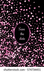 Pink gradient hearts random confetti invitation card template. Shiny gradient on black background. Perfect for greeting card, banners, decoration, rich soft metal pink backdrop with place for text
