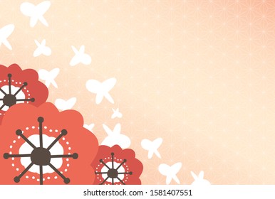 Pink gradient Japanese pattern background with red flowers and white butterfly