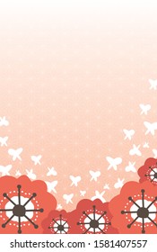 Pink gradient Japanese pattern background, red flowers and butterflies