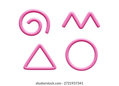 Formas de línea de gradiente rosa en 3D: círculo doodle brillante, triángulo y curvas onduladas con diseño de tubo liso. Abstractas Elementos geométricos de espirales fluidas y líneas dinámicas retorcidas para gráficos modernos.