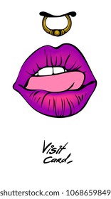 pink gradient lips with pink tongue visit card. invitation with sexy woman teeth.  Girl mouth colored with passion rouge. Purple lipstik and nose line with septum ring piercing. Gold jewelry