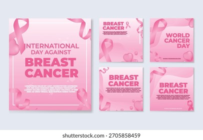 Publicaciones en redes sociales con gradientes rosas que presentan cintas y corazones de concientización sobre el cáncer de mama, promoviendo el Día Internacional contra el Cáncer de Mama y el Día Mundial contra el Cáncer.