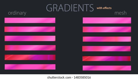 Pink gradients with effects. Set or palette. Mesh and regular gradients. Warm colors. For designers. Vector illustration. Holiday colors. Graphic resources. 