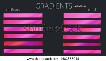 Pink gradients with effects. Set or palette. Mesh and regular gradients. Warm colors. For designers. Vector illustration. Holiday colors. Graphic resources. 