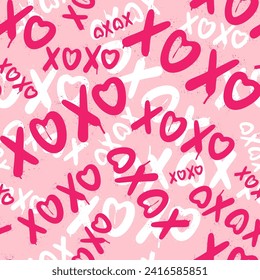 Pink graffiti clip art. Urban street style. Xoxo seamless pattern. Valentine day elements. Chaotic print. Y2k love sign. Splash effects and drops. Grunge and spray texture.