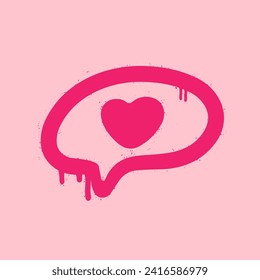 Pink graffiti clip art. Urban street style. Valentine day elements. Speech bubble with heart. Y2k love sign. Splash effects and drops. Grunge and spray texture.