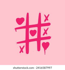 Pink graffiti clip art. Urban street style. Valentine day elements. Tic tac toe with hearts. Y2k love sign. Splash effects and drops. Grunge and spray texture.