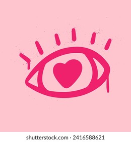 Pink graffiti clip art. Urban street style. Valentine day elements. Eye with heart. Y2k love sign. Splash effects and drops. Grunge and spray texture.