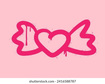 Pink graffiti clip art. Urban street style. Valentine day elements. Heart with wings. Y2k love sign. Splash effects and drops. Grunge and spray texture.