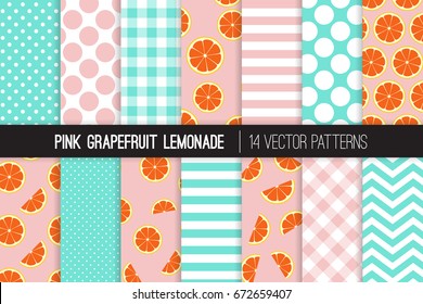 Pink Grapefruit and Aqua Blue White Chevron, Stripes, Polka Dots and Gingham Vector Patterns. Grapefruit Slices on Pink Background. 50s Rockabilly Style. Pattern Tile Swatches Included.