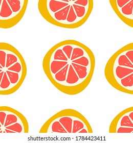 Pink Grapefruit. Exotic juicy fruit pattern. Vector seamless background made in funny doodle style. Clipart food elements. Hand painted elements.