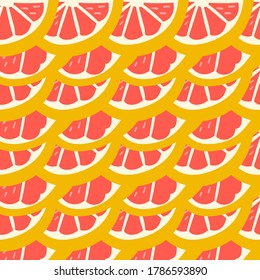 Pink Grapefruit. Exotic juicy fruit pattern. Vector seamless background made in funny doodle style. Clipart food elements. Hand painted elements.