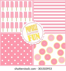 pink grapefruit popsicle summer fun summertime cool fruit dessert vector seamless pattern set 