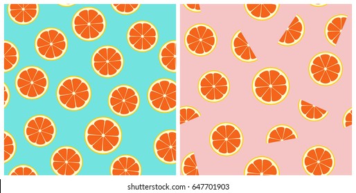 Pink Grapefruit Seamless Vector Pattern Tiles. Round and Half Citrus Slices Randomly Arranged on Pink and Aqua Turquoise Background. Summer Party Decor. Drink & Food Packaging Design. Swatch Included.