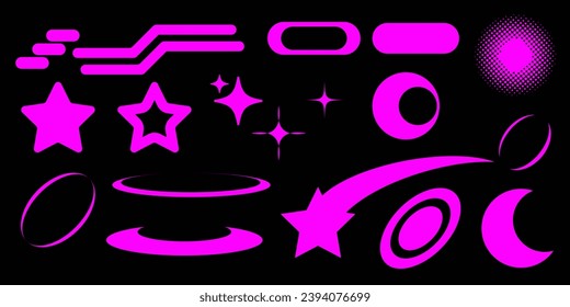 Pink Graphic Assets Set on black background. Bold modern Shapes for Poster, flyers, social media, graphic design. Vector illustration. Y2k style, Futuristic.