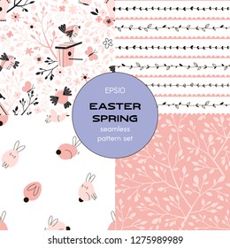 Pink Graphic Easter Spring seamless patterns set. Floral stripes, Bunny, Branch and Bird Flat vector graphic background for packaging, cardmaking, scrapbook and more.