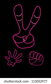 pink graphic of hammer-paper-scissors hand in black background