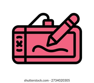A pink graphic tablet with a stylus drawing a wavy line, symbolizing digital art creation and technology.