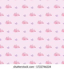 Pink grass and violet flowers seamless vector pattern. Simple meadow surface print design. For fabrics, stationery, wrapping paper, wellness, packaging, cosmetics, and backgrounds.