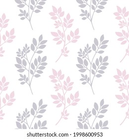 Pink and gray abstract tree branches seamless pattern. Plants silhouette, Twigs with Leaves. Floral vector texture, background for design textile print, scrapbooking, invitation, wrapping, gift paper