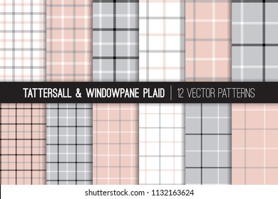 Pink, Gray, Black and White Tattersall & Windowpane Plaid Vector Patterns. Trendy Fashion Textile Print. Pastel Color Backgrounds. Small to Large Scale Check Textile Prints. Pattern Tile Swatches Incl