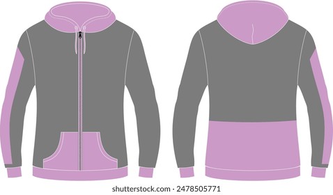 Pink and Gray Contrast Panel Hoodie Flat Sketch Mockup