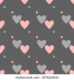 Pink gray heart couples and dots vector seamless pattern. Romantic ornament for girl dress fabric print. Endless girlish pattern with hearts and polka dots. Minimal Valentines background design.