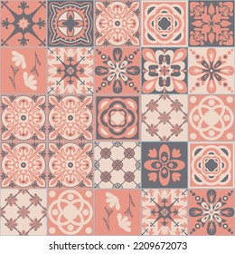Pink gray pastel seamless pattern, portuguese talavera vector illustration