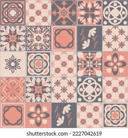 Rosa graues, nahtloses Muster, portugiesische Talavera-Dekoration, Vektorgrafik