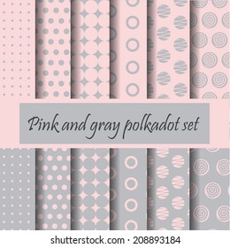 Pink and gray polkadot pattern set, vector with swatches   