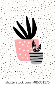 Pink and gray pot with black succulent plant on dots texture background. Cute and modern Scandinavian style illustration, perfect for greeting cards, wall art, invitations, etc.