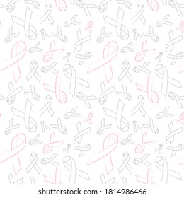 Pink and gray ribbon outline seamless pattern on white background for breast cancer awareness campaign month in October