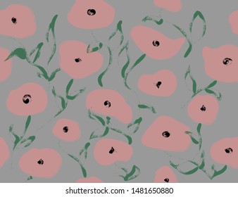 Pink Gray Seamless Floral Pattern. Trendy Vector Design. Pink Poppy Flowers Isolated on Grey. Japanese Floral Print. Gentle Botanical Background. Watercolor Botanic Painting. Abstract Wallpapers